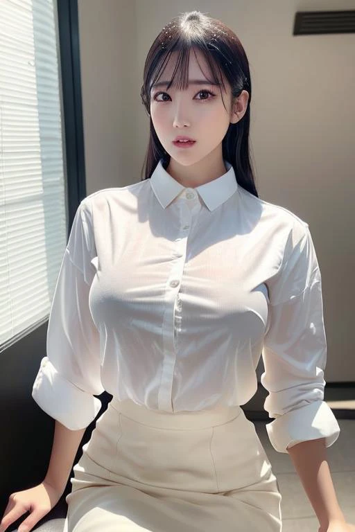 lips apart,sitting,8K,masterpiece,photo realistic, super detailed skin ,20 yo,professional lighting, ,white y-shirt,pencil skirt <lora:amaukisumi:0.8> amaukisumi