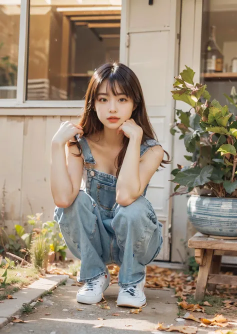 (((blue denim dungarees, squartting, sneakers, look at side))), (masterpiece),((ultra-detailed)), (highly detailed CG illustration),(expressionless), (best quality:1.2),(1girl:1.2),High quality texture, intricate details, detailed texture, High quality shadow, brown eye pupil, depth of field, perspective,20s, (big eyes:1.2),blush,perfect body, lean body, (narrow waist:1.3), large breast, distinct_image, (lustrous skin), solo focus, (brown hair), (streaked hair), ((long hair)), <lora:add_detail:0.5>, <lora:GoodHands-vanilla:1>, <lora:FilmVelvia3:0.5>, <lora:meinv74:0.8>,<lora:detailed_notrigger:0.7>