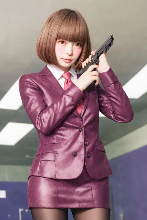 <lora:ImAHealerButMeme:0.9> imahealerbutmeme, <lora:add_detail:0.5>, <lora:PamyurinV2:0.8> pamyurin, 1girl, fake eyelashes, long eyelashes, blush, bob cut, brown hair, colored eyes, business skirt suit, tie, realistic, gun