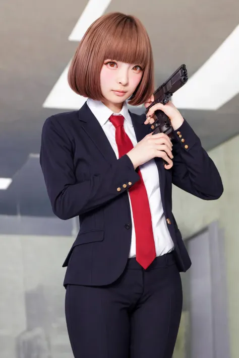 <lora:ImAHealerButMeme:0.9> imahealerbutmeme, <lora:add_detail:0.5>, <lora:PamyurinV2:0.8> pamyurin, 1girl, fake eyelashes, long eyelashes, blush, bob cut, brown hair, colored eyes, business suit, tie, realistic, gun