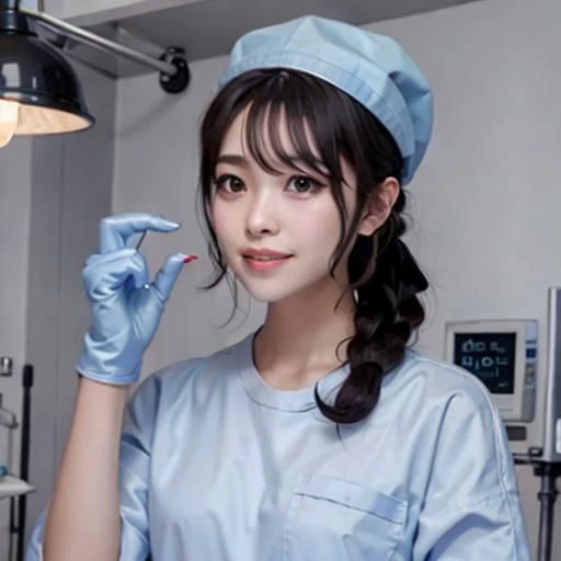 masterpiece,high quality, high resolution,ultra detailed,8k,surgeon,straight hair,two girls,pretty,black surgical gown,light blue gloves,brown short hair,surgical cap,eighteen years ,,standing surrounding the bed,operating room,big surgical lights,heart monitor,many medical devices,from side,steshoscope,(((evil smile,blood on clothes,black latex))),glare at wiewer,blonde
