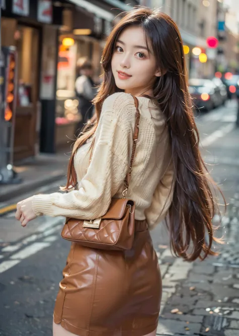 (((smile, cream long sleeve sweater, brown skirt, handbag, view from behind, floating hair, street))), (masterpiece),((ultra-detailed)), (highly detailed CG illustration),(expressionless), (best quality:1.2),(1girl:1.2),High quality texture, intricate details, detailed texture, High quality shadow, brown eye pupil, depth of field, perspective,20s, (big eyes:1.2),blush,perfect body, lean body, (narrow waist:1.3), large breast, distinct_image, (lustrous skin), solo focus, (brown hair), (streaked hair), ((long hair)), <lora:add_detail:0.5>, <lora:GoodHands-vanilla:1>, <lora:FilmVelvia3:0.5>, <lora:meinv74:0.8>,<lora:detailed_notrigger:0.7>
