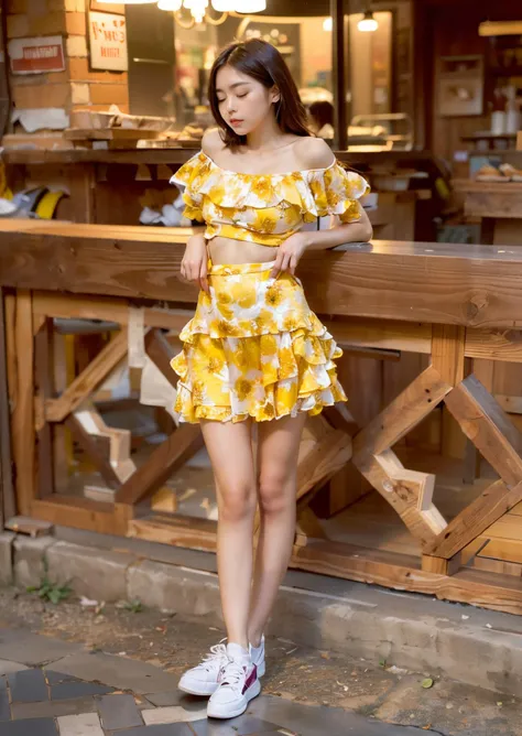 (((closed eyes, yellow pettiskirt, sneakers))), street,(masterpiece),((ultra-detailed)), (highly detailed CG illustration),(expressionless), (best quality:1.2),(1girl:1.2),High quality texture, intricate details, detailed texture, High quality shadow, brown eye pupil, depth of field, perspective,20s, (big eyes:1.2),blush,perfect body, lean body, (narrow waist:1.3), large breast, distinct_image, (lustrous skin), solo focus, (brown hair), (streaked hair), ((short hair)), <lora:add_detail:0.5>, <lora:GoodHands-vanilla:1>, <lora:FilmVelvia3:0.5>, <lora:meinv74:0.8>,<lora:detailed_notrigger:0.7>