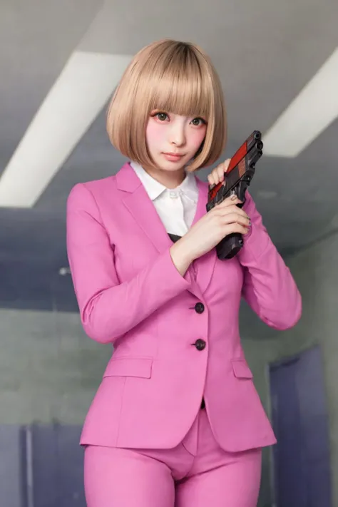 <lora:ImAHealerButMeme:0.9> imahealerbutmeme, <lora:add_detail:0.5>, <lora:PamyurinV2:0.8> pamyurin, 1girl, fake eyelashes, long eyelashes, blush, bob cut, blonde hair, colored eyes, business suit, realistic, gun