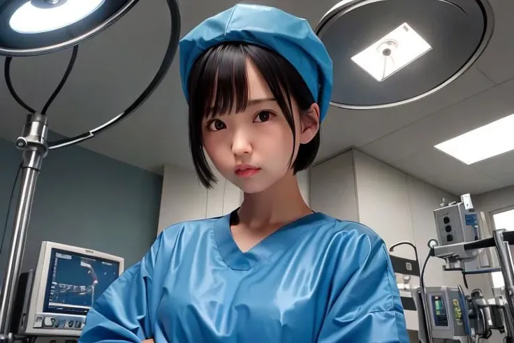 (masterpiece,8k,top quality,RAW photo,ultra detailed:1.3),photorealistic,(solo pretty girl:1.2),pretty rouge lip,pretty black eyes,black hair,short hair,pretty hair,looking at viewer,(angry:1.3),surgical light blue gown,surgical latex gloves,surgical cap,crossed both arms,detailed big eyes and face,standing,operating room,soft lightning,closeup shot