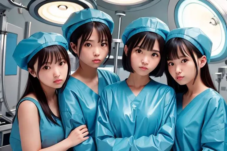 (masterpiece,8k,top quality,RAW photo,ultra detailed:1.3),photorealistic,(solo pretty girl:1.2),pretty rouge lip,pretty black eyes,black hair,short hair,pretty hair,looking at viewer,(angry:1.3),surgical light blue gown,surgical latex gloves,surgical cap,crossed both arms,detailed big eyes and face,standing,operating room,soft lightning,closeup shot