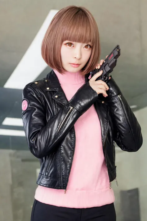 <lora:ImAHealerButMeme:0.9> imahealerbutmeme, <lora:add_detail:0.5>, <lora:PamyurinV2:0.8> pamyurin, 1girl, fake eyelashes, long eyelashes, blush, bob cut, brown hair, colored eyes, leather jacket, realistic, gun