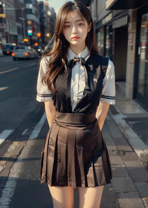 (((white shirt, brown pleated skirt, bow tie, black jacket))), street, (masterpiece),((ultra-detailed)), (highly detailed CG illustration),(expressionless), (best quality:1.2),(1girl:1.2),High quality texture, intricate details, detailed texture, High quality shadow, brown eye pupil, depth of field, perspective,20s, (big eyes:1.2),blush,perfect body, lean body, (narrow waist:1.3), large breast, distinct_image, (lustrous skin), solo focus, (brown hair), (streaked hair), ((long hair)), <lora:add_detail:0.5>, <lora:GoodHands-vanilla:1>, <lora:FilmVelvia3:0.5>, <lora:meinv74:0.8>,<lora:detailed_notrigger:0.7>