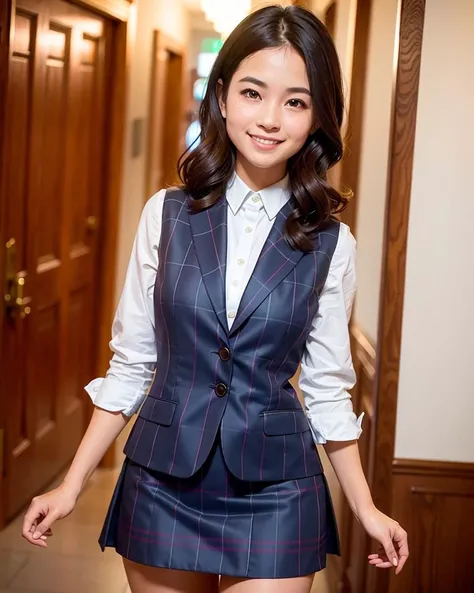best quality, face focus, soft light, (depth of field) , (upper thigh), CANON,80mm, F1.2,Lobby of the company ,
1girl, solo, cute, shy, (smile:1.2), detailed beautiful skin, (dark_hair:1.8, short_hair:1.2), smooth skin,  (formal Company Uniform:1.7,formal Checkered vest:1.2,formal navy skirt:1.2, nameplate),  standing ,