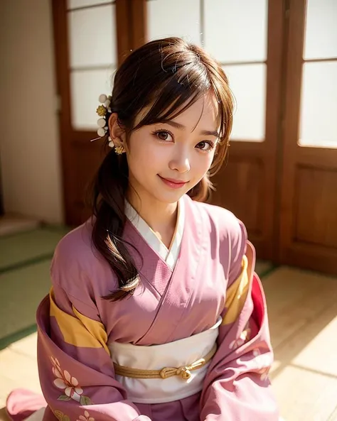 best quality, face focus, soft light, (depth of field) ,ultra high res, (photorealistic:1.4), RAW photo, portrait:1.4 ,(sit on tatami) ,Japanese-style room
1girl, solo, cute, shy, (smile:1.2), (brown eyes,catch light), detailed beautiful skin, (dark_hair, short_hair, updo ), (checked long kimono:1.4), (small chest)
<lora:Japanese-doll-likeness:0.4>