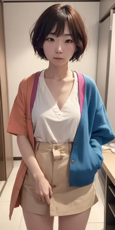 masterpiece, best quality, 8k, super detailed skin, perfect anatomy, Looking down, contempt, cute, 1girl, colorful short hair, wearing japanese clothes, a scientist discovers a parallel universe, <lora:cuteGirlMix4_v10:0.2>, <lora:tokyoGirl_v10:0.2>