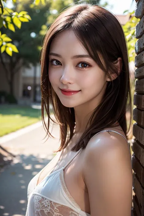 masterpiece, ultra detailed, best quality, raw phot, (photorealistic:1.1), insanely detailed, 1girl, beautiful, smile, small breasts, brown midi detailed hair,  (brown eyes), pale skin, from front, soft light, depth of field ,  <lora:JapaneseDollLikeness_v15:0.6>,  <lora:shojovibe_v11:0.3>