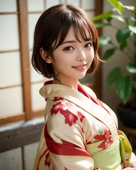 best quality, face focus, soft light, (depth of field) ,ultra high res, (photorealistic:1.4), RAW photo, (portrait:1.4) ,(from front)
1japanese girl, solo, cute, (shy, smile:1.1), (brown eyes),  detailed beautiful face, (short_hair ), japanese-style room
(silk kimono:1.4) <lora:japaneseDollLikeness_v10:0.3>