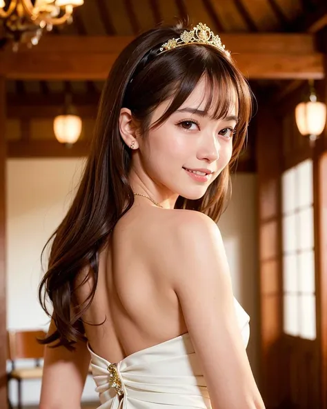 best quality, face focus, soft light, (depth of field) ,ultra high res, (photorealistic:1.4), RAW photo, (portrait:1.4) ,(from behind:1.4)
1japanese girl, solo, cute, (shy, smile:1.1), (brown eyes),  detailed beautiful face, (midi_hair),
The Great Hall of a European Castle, walking,
(formal dress:1.2) <lora:japaneseDollLikeness_v10:0.1>