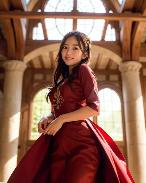 best quality, face focus, soft light, (depth of field) ,ultra high res, (photorealistic:1.4), RAW photo, (portrait:1.4) ,(from below:1.2)
1japanese girl, solo, cute, (shy, smile:1.1), (brown eyes), detailed beautiful face, (midi_hair),
The Great Hall of a European Castle, walking,
(burgundy formal long dress:1.4) <lora:japaneseDollLikeness_v10:0.2>
