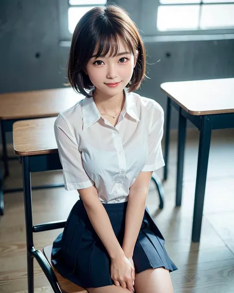 best quality, face focus, soft light, (depth of field) ,ultra high res, (photorealistic:1.4), RAW photo,(upper waist:1.4) ,
1japanese girl, solo, cute, (shy, smile:1.1), (brown eyes),  detailed beautiful face, (short hair ), 
High School Classroom, (sit chair),
(school uniform:1.4,navy skirt,navy Blazer) <lora:japaneseDollLikeness_v10:0.3>