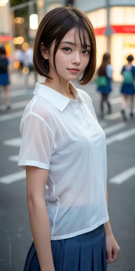 1girl, (school uniform:1.5),check pleats skirt, Tokyo street,night, cinematic lighting, light on face, cityscape, city lights,Japanese little girl, upper body, facial close-up, playful pose,(freckles),(short bob hair:1.5), blunt bangs,Put her hair up,smile, (8k, RAW photo, best quality, masterpiece:1.2),(realistic, photo-realistic:1.37) , shot on CineStill 800T, (small chest),