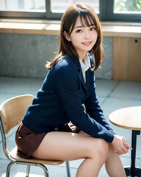 best quality, face focus, soft light, (depth of field) ,ultra high res, (photorealistic:1.4), RAW photo,
(upper knees:1.4) ,(from side)
1japanese girl, solo, cute, (shy, smile:1.1), (brown eyes),  detailed beautiful face, (short hair ), 
High School Classroom, (sit chair),
(school uniform:1.4,navy skirt,navy Blazer) <lora:japaneseDollLikeness_v10:0.3>