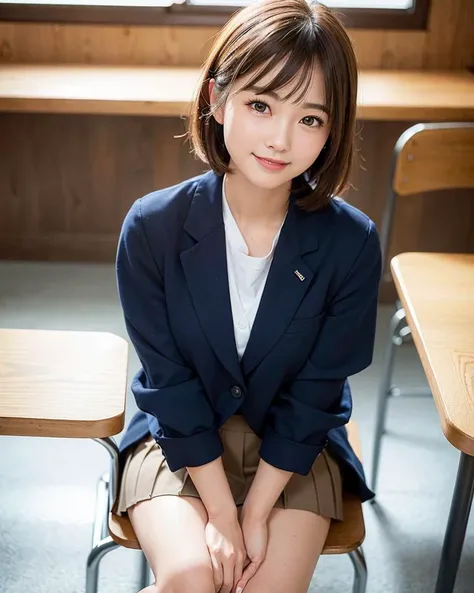 best quality, face focus, soft light, (depth of field) ,ultra high res, (photorealistic:1.4), RAW photo,
(upper waist:1.4) ,(from front)
1japanese girl, solo, cute, (shy, smile:1.1), (brown eyes), detailed beautiful face, (short hair ),
High School Classroom, (sit chair),
(school uniform:1.4,navy skirt,navy Blazer) <lora:japaneseDollLikeness_v10:0.3>