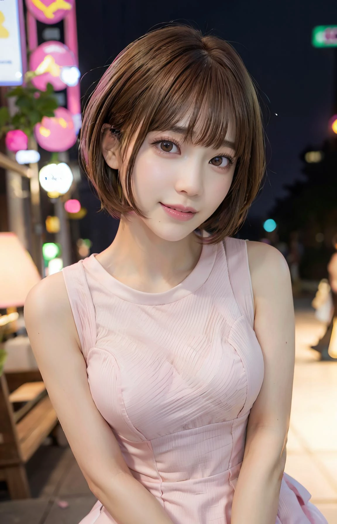 ((((short hair)))), ((((brown hair)))), best quality, 8K, HDR, highres, absurdres:1.2, blurry background, bokeh:1.2, Photography, (RAW photo:1.2), (photorealistic:1.4), (masterpiece:1.3), (intricate details:1.2), 1girl, solo, japanese girl, delicate, beautiful detailed, (detailed eyes), (detailed facial features), petite, beautiful and clear eyes, detail eye pupil, (((large breasts))), skin tight, (looking_at_viewer), from_front, (skinny), (best quality:1.4), (ultra highres:1.2), cinema light, (extreme detailed illustration), (lipgloss, best quality, ultra highres, depth of field, caustics, Broad lighting, natural shading, 85mm, f/1.4, ISO 200, 1/160s:0.75),1girl, solo, ((smile)), (((slim body))), (ulzzang-6500-v1.1:0.5), upper body, ((((pink formal dress:1.2)))), standing,(pureerosface_v1:0.5), Tokyo street,night, cityscape,city lights, close up, <lora:Japanese-doll-likeness:0.3>, <lora:hongkongdolllikeness_v15:0.3>, <lora:dreamyGirlsFace_dreamyFace:0.3>