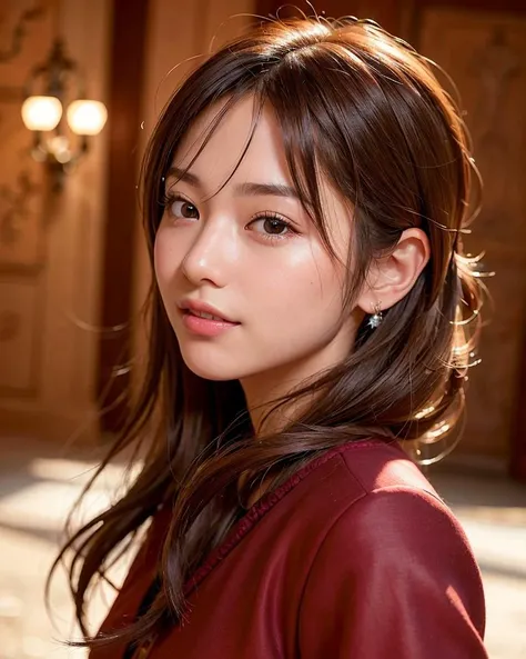 best quality, face focus, soft light, (depth of field) ,ultra high res, (photorealistic:1.4), RAW photo, (portrait:1.4) ,(from side:1.2)
1japanese girl, solo, cute, (shy, smile:1.1), (brown eyes),  detailed beautiful face, (midi_hair),
The Great Hall of a European Castle, walking,
(burgundy formal long dress:1.4) <lora:japaneseDollLikeness_v10:0.2>