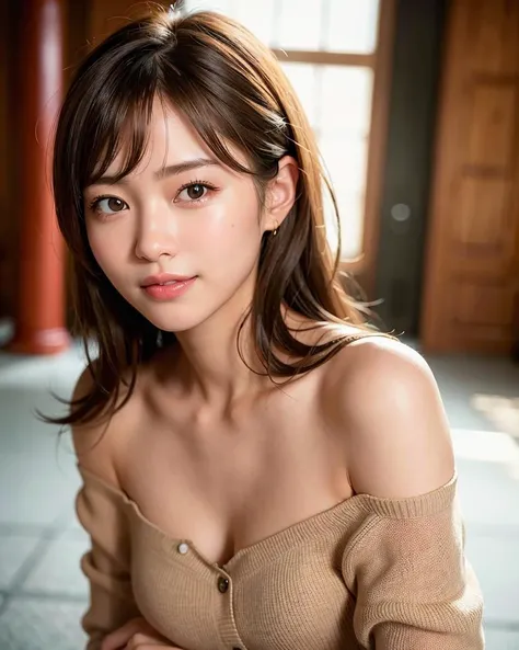 best quality, face focus, soft light, (depth of field) ,ultra high res, (photorealistic:1.4), RAW photo, (portrait:1.4) ,(from front)
1japanese girl, solo, cute, (shy, smile:1.1), (brown eyes),  detailed beautiful face, (midi_hair),
The Great Hall of a European Castle, walking,
(off shoulder shirt) <lora:japaneseDollLikeness_v10:0.3>