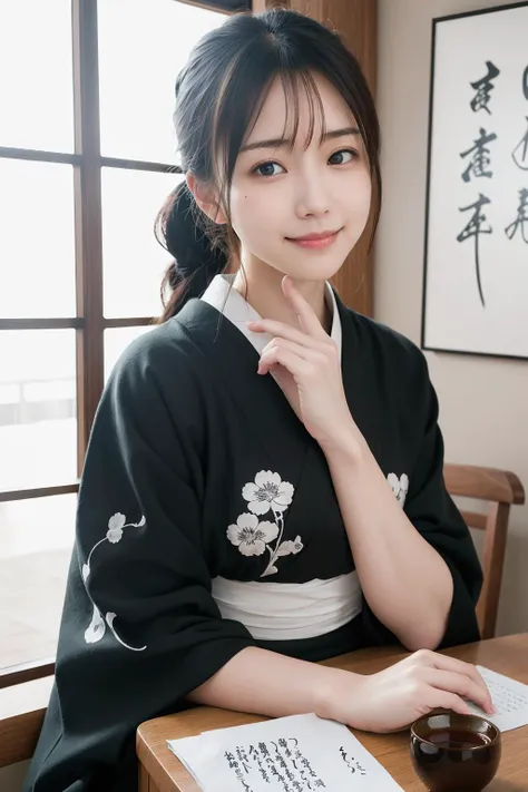 (nsfw), (8K, photo-realistic, ultra-detailed,best quality,ultra high resolution),(moody lighting ,warm color:1.2)
(cute eyes, black eyes:1.3),(good complexion skin, dewy skin:1.2), (extremely beautiful face:1.3),
(extremely beautiful japanese actress),(neat young girl),( obedient,neat, intellectual , kindly:1.3),(shyly ,lovingly:1.2),(shyly, smile:1.2),(blush, staring lovingly at viewer),
(low ponytail:1.25),(beautiful obedient girl:1.3)
(on the traditional japanese-style room, shoji screen, Japanese calligraphy are displayed)
(beautiful girl in kimono, sitting, Japanese calligraphy, long Japanese paper on the table:1.25)
(detailed beautiful eyes:1.15),
(shyly , lovingly looking at viewer:1.2),(kind smile:1.1),(detailed beautiful face:1.15)
(from front, upper body:1.2)
<lora:mix4:0.1> <lora:asianGirlsFace_v1:0.2>,
<lora:japanese_actress_mix-V5:0.2> <lora:Asian Cute Face:0.1> <lora:v1-1-ai-uehara:0.1> <lora:minami_kojima_ver3:0.2> <lora:meiyan_V1:0.1>