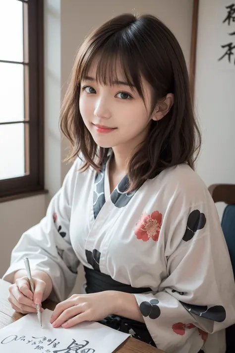 (8K, photo-realistic, ultra-detailed,best quality,ultra high resolution),(moody lighting ,warm color:1.2)
(cute eyes, black eyes:1.3),(good complexion skin, dewy skin:1.2), (extremely beautiful face:1.3),
(extremely beautiful japanese actress),(neat young girl),( obedient,neat, intellectual , kindly:1.3),(shyly ,lovingly:1.2),(shyly, smile:1.2),(blush, staring lovingly at viewer),
(short wavy hair:1.25),(beautiful obedient girl:1.3)
(on the traditional japanese-style room, shoji screen, Japanese calligraphy are displayed, warm light)
(beautiful woman in floral kimono is sitting at table:1.2)
(brush, calligraphy japan, Japanese calligraphy, long Japanese paper on the table)
(detailed beautiful eyes:1.15),
(shyly , lovingly looking at viewer:1.2),(kind smile:1.1),(detailed beautiful face:1.15)
<lora:mix4:0.1> <lora:asianGirlsFace_v1:0.2>,
<lora:japanese_actress_mix-V5:0.2> <lora:Asian Cute Face:0.1> <lora:v1-1-ai-uehara:0.1> <lora:minami_kojima_ver3:0.2> <lora:meiyan_V1:0.1>