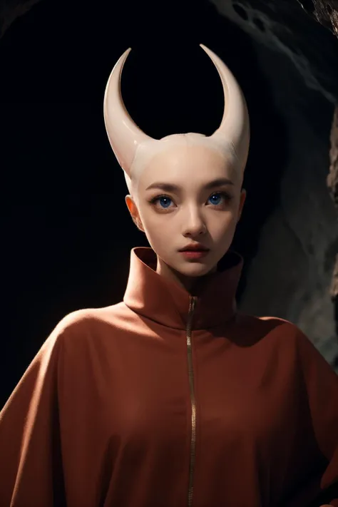 Alien woman with red skin and three yellow eyes naked