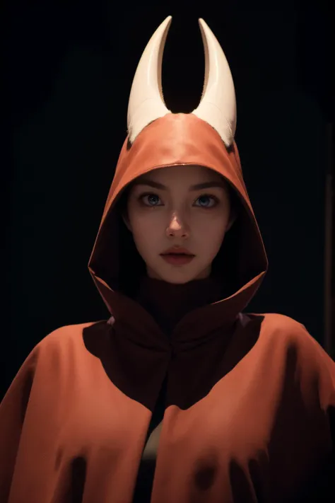 (Best Quality, Masterpiece:1.4), (Realism:1.2), (Realisitc:1.2), (Absurdres:1.2), (photorealistic:1.3), 1girl,Realistic Skin,Solo,( Very Big Eyes,beautiful detailed eyes, symmetric eyes), Hornet_HK, red cloak, black body, hornet, furry female, anthro, portrait, close-up, red cloak, solo, (best quality), (detailed dark cave background:1.2), dramatic lighting, looking at viewer, medium breasts, hand on hip, flat colors, <lora:HerrscherAGGA2023_Hornet_V1:0.8>