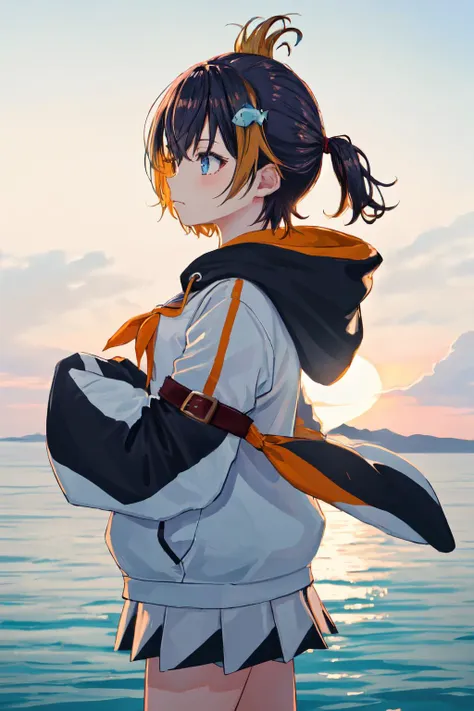 masterpiece, (detailed, highres, best quality), 1girl, <lora:sppetraGurin-10:1> gurin1st, fish hair ornament, hoodie, white hoodie, penguin hood, sleeves past fingers, sailor collar, white skirt, Back View, dutch angle, from side, outdoors