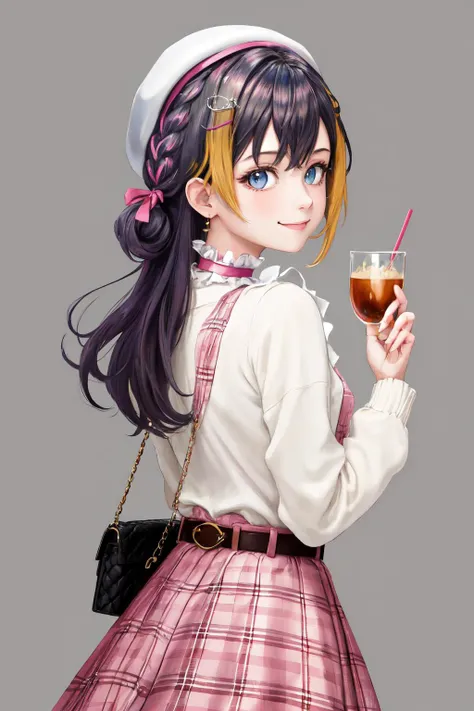 masterpiece, (detailed, highres, best quality), 1girl, <lora:sppetraGurin-10:1> gurin3st, x hair ornament, fish hair ornament, choker, necklace, white beret, plaid dress, white shirt, frills, plaid skirt, sweater, pink bow, belt, handbag, Back View, enpera, simple background, closed mouth, hands up, holding, holding tray, looking at viewer, smile, solo