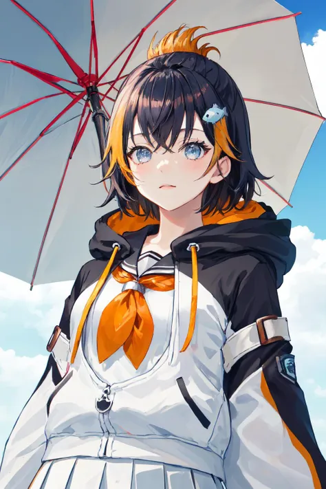 masterpiece, (detailed, highres, best quality), 1girl, <lora:sppetraGurin-10:1> gurin1st, fish hair ornament, hoodie, white hoodie, penguin hood, sleeves past fingers, sailor collar, white skirt, From bellow, blurry, blurry background, candy, cloud, cloudy sky, food, grey sky, outdoors, signature, sky, sunlight, umbrella, upper body