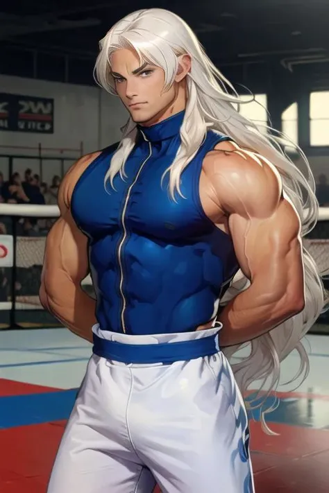 jhunkof, white pants, ((blue turtleneck,  sleeveless turtleneck:1.3)), ((straight hair:1.1)), white hair,  fighting stance, hand behind back,UFC arena octagon, blue sash, bracelets <lora:JhunKOF-000005:1>  detailed eyes, best quality, masterpiece, highres, perfect picture, highly detailed, high contrast , digital colors, bright colors
