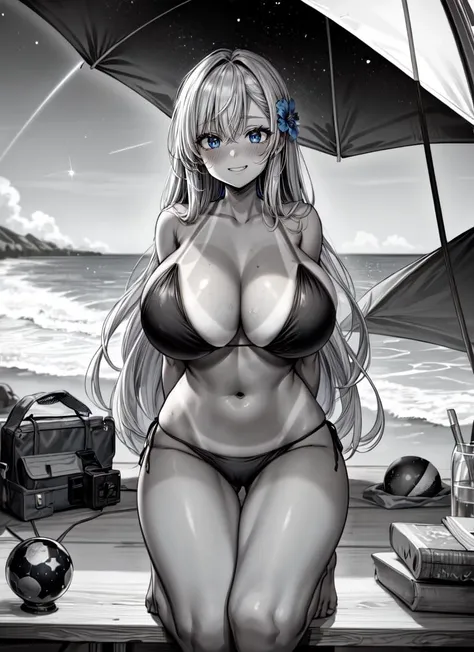 ((best quality)), ((highly detailed)), absurdres, detailed face, beautiful face, (detailed eyes, deep eyes), <lora:more_details:.7>, (1girl), arms behind back, beach babe, tan, <lora:Tanlines05:.7>, (tanlines), long hair, blonde hair, hibiscus, flower in hair, (blue eyes), wide grin, black criss-cross bikini, sunglasses, flip-flops, beach towel, beach umbrella, shadedsitting, at the beach, waves, (outside, stars, galaxies, space, asteroids, planets, space ship, night, night sky, stars, moonbeam, shooting star, telescope), <lora:Doujinshi_Booba_V4:1.2>, doujinshi, monochrome, greyscale