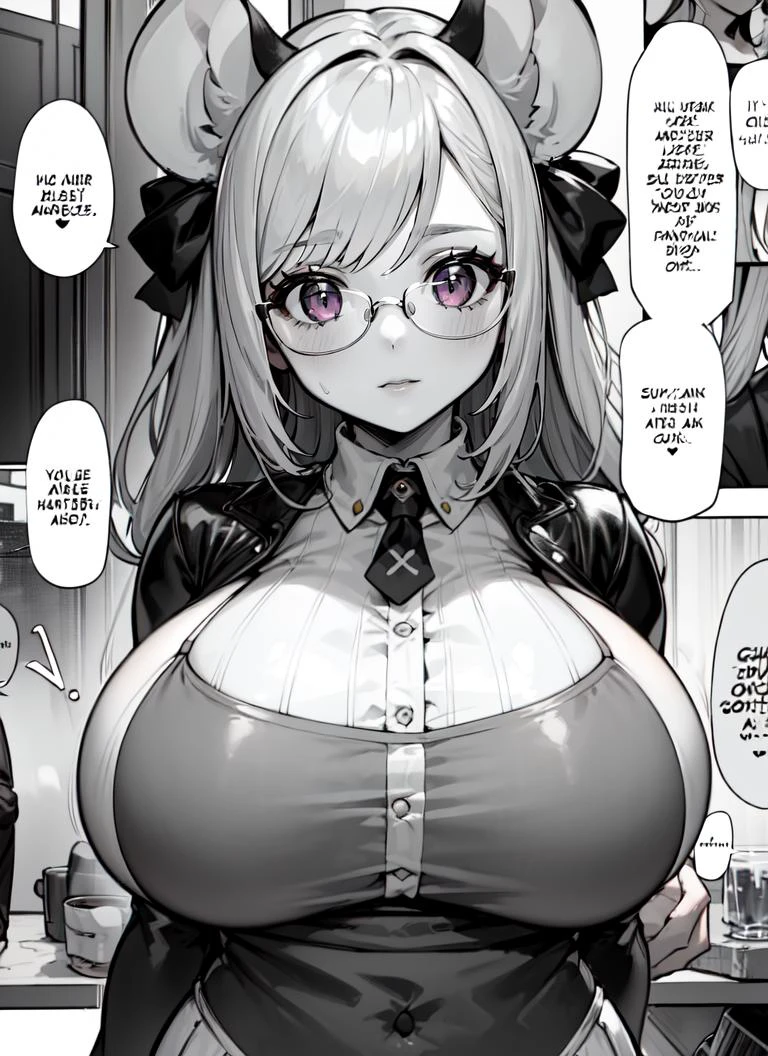 ((best quality)), ((highly detailed)), masterpiece, absurdres, detailed face, beautiful face, (detailed eyes, deep eyes), (1girl), (glasses), upper body, <lora:mouse_girl-1.0:.7>, (mouse girl), grey hair, pink eyes, mouse ears, (mouse tail), (inside, at a bar, Oktoberfest_outfit), <lora:Doujinshi_Booba_V4:1.2>, doujinshi, monochrome, greyscale
