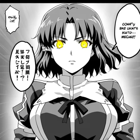 <lora:f41rch1ld_encore:1> f41rch1ld,1girl,solo,yellow eyes, glowing eyes, short hair, student uniform, <lora:Doujinshi_Booba_PDXL_V1:1> doujinshi,manga, comic, multiple views, speech bubble,monochrome, greyscale