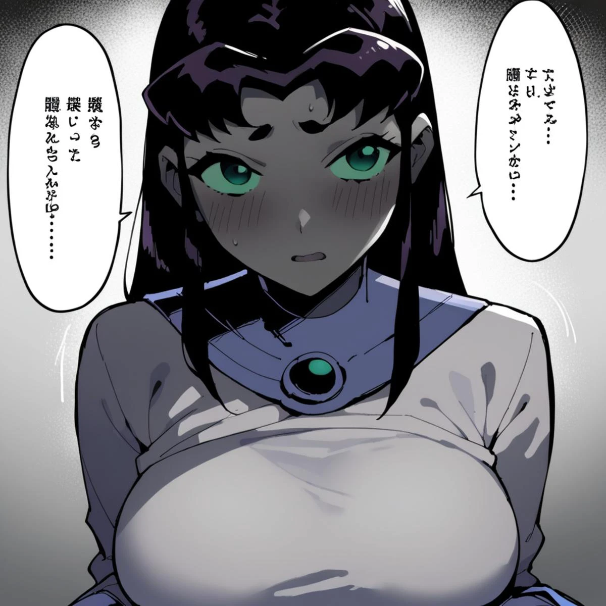 score_9, score_8_up, score_7_up, 1girl, solo, starfire, <lora:Starfire_PonyXL:1> <lora:Doujinshi_Booba_PDXL_V1:1> doujinshi, blush, Speech bubble