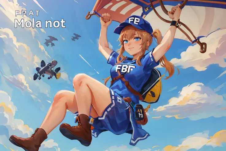 Highly detailed, High Quality, Masterpiece, beautiful, FBI-chan, blonde_hair, blue_eyes, english text, twintails, hat,<lora:Char_Meme_FBIchan:0.9>, Paragliding, arms up, flying, in the air, holding, holding with both hands, wide shot, full body, <lora:Pos_Paragliding:0.8>