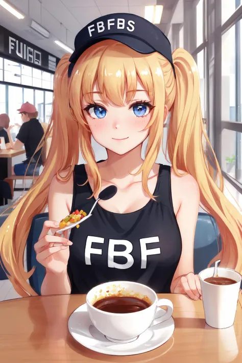 Highly detailed, High Quality, Masterpiece, beautiful, FBI-chan, blonde_hair, blue_eyes, english text, twintails, hat,<lora:Char_Meme_FBIchan:0.9>, food, simple background, elbows on table, cup, blurry background, indoors, upper body, <lora:Pos_AcrossTable:1>