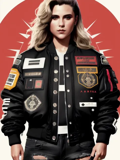 SF , portrait, wears Streetwear-inspired bomber jacket with graphic prints, patches, and zippers, photography, trending on artstation, sharp focus, intricate details, by greg rutkowski <lora:SFSFW:0.9>