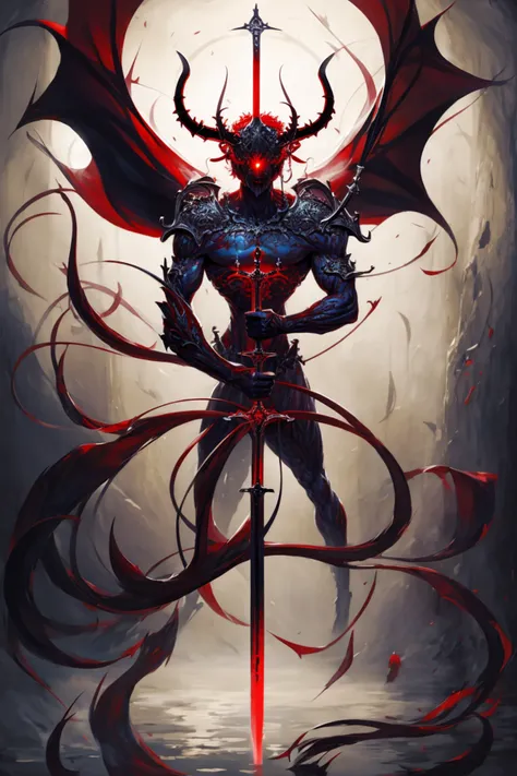 a painting of a demon holding a sword, huge horns, halo, stronger body, heavy metal, comic art, long black horns, apokalyptic, demons, two horns, imp <lora:EvilM-01:1> <lora:add_detail:0.5>