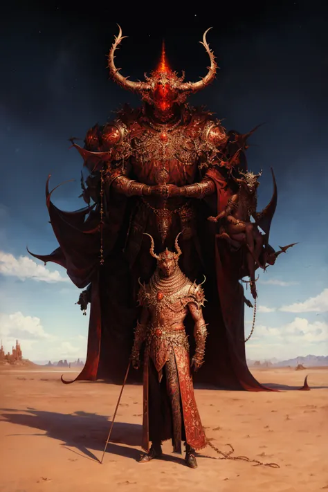 a painting of a man standing in front of a demon, the king in the desert, infernal relics, album cover design, full image, colossal, demon, horned <lora:EvilM-01:1> <lora:add_detail:0.5>