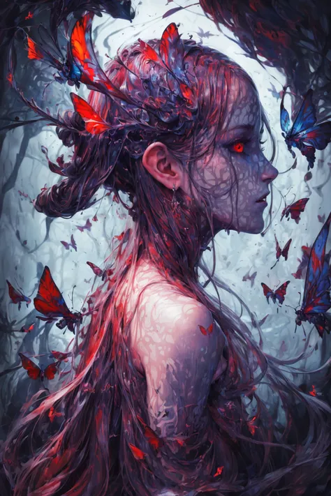 Ambilight, masterpiece, ultra-high quality,(ultra detailed original illustration), Perfil Portrait of a beautiful Demon Girl, Upper body, ((Evil Fashion)), (Red Eyes:1.5, Double exposure, fussion of fluid abstract art, Glitch, 2D),(Gothic Oiginal illustration composition),( fusion of limited color, Fractal Geometric, butterflies, Comic art) <lora:EvilM-01:1> <lora:add_detail:0.5> <lora:Minji-01:0.8>