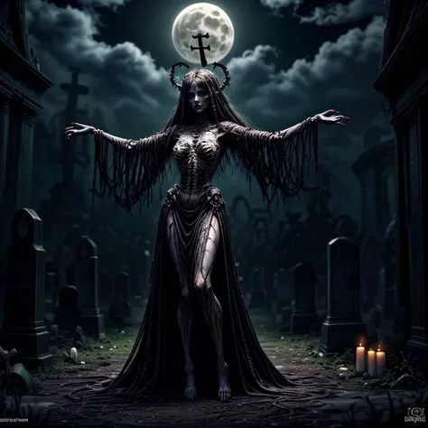 masterpiece,best quality,absurdres,high details,8K,photorealistic,at distance,cowboy shot,1girl,amaizing body,long hair,makeup,outstretched arms,full body front photo,symmetrical pose,necromancer,bones ornament,(graveyard:1.4),skeletons come out of the ground,<lora:Concept_-_More_Details_v1.0:1>,<lora:EvilM:0.3>,creature,ancient,dark,evil,<lora:Concept_-_Hella-sthetic_v2:0.3>,full moon,, intricate, elegant, highly detailed, symmetry, magical atmosphere, sharp focus, majestic, very coherent, radiant, advanced, cinematic, artistic, fine detail, winning, beautiful, stunning, dramatic light, designed, rich deep colors, perfect professional background, ambient, tailored set composition