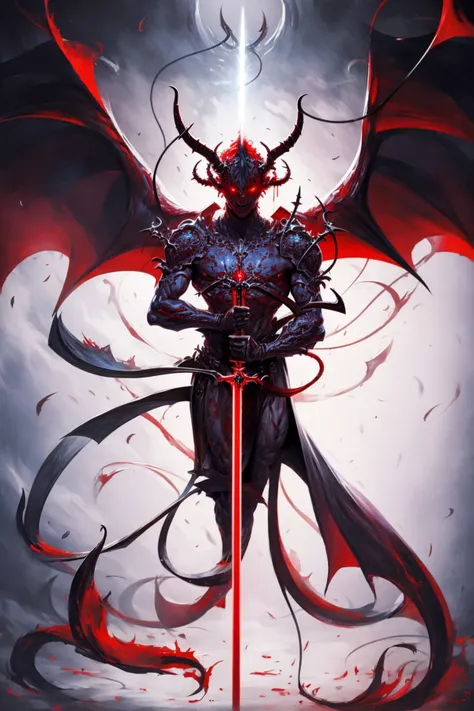 a painting of a demon holding a sword, huge horns, halo, stronger body, heavy metal, comic art, long black horns, apokalyptic, demons, two horns, imp  <lora:EvilM-01:1> <lora:add_detail:0.5>
