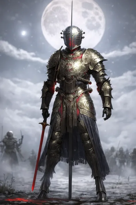 a man with a sword standing in front of a full moon, glowing eyes in helmet, decayed, in, armour merging with body, background: battle scene, <lora:EvilM-01:1>