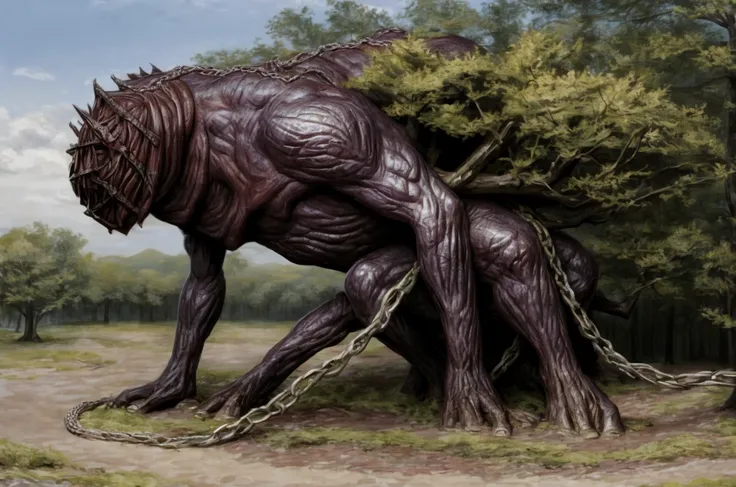 a chained slave pulls a dead giant, epic, surreal, medieval, demon, high details  <lora:EvilM-01:1>