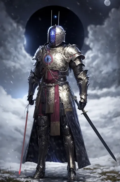 a man with a sword standing in front of a full moon, glowing eyes in helmet, decayed, in, armour merging with body, background: battle scene,  <lora:EvilM-01:1>