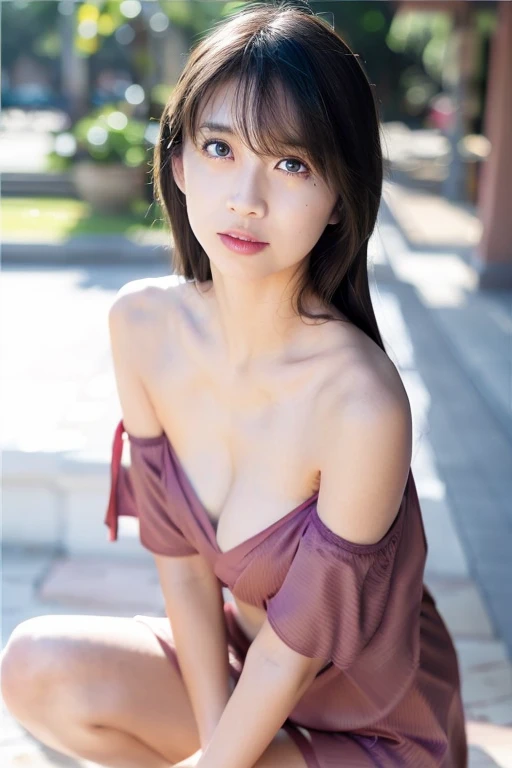 best quality, (photorealistic:1.2), miko, 1girl, solo, realistic, detached sleeves, breasts, short hair, brown hair, water, bow, ribbon trim, soaking feet, ribbon-trimmed sleeves, sitting, japanese clothes, lips, wide sleeves, barefoot, brown eyes, holding, bare shoulders, nose, small breasts, red lips, (pink nipples:1.25), sex, smile, face light, eyes light, jewelry, purple eyes, earrings, depth of field, full body, shiny skin,<lora:maria_makino_V4:1>,